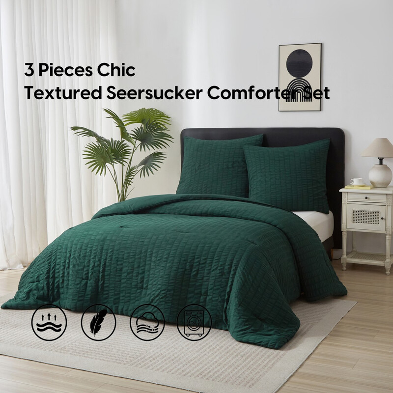 Meeallhome Seersucker-Struktur Bettwäsche-Set mit Steppdecke, 260 x 240 cm / 80 x 80 cm (2 Stück), Dunkelgrün