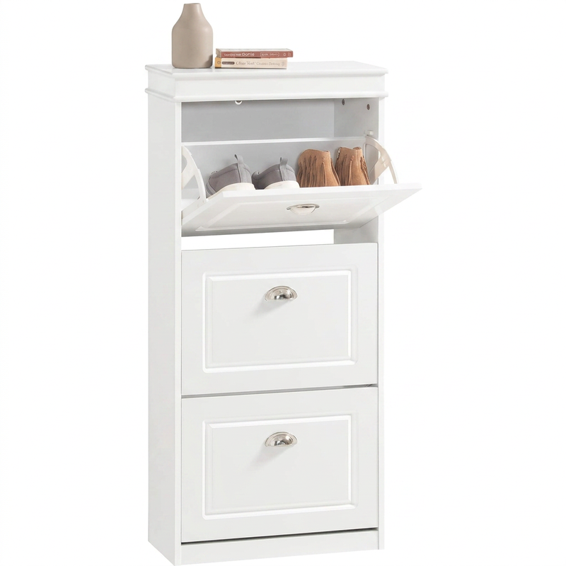 SoBuy Schuhschrank mit 3 Klappfächern, schmaler Schuhregal für Flur & kleine Räume aus MDF-Holz, Weiß, B 53 x T 24 x H 117 cm