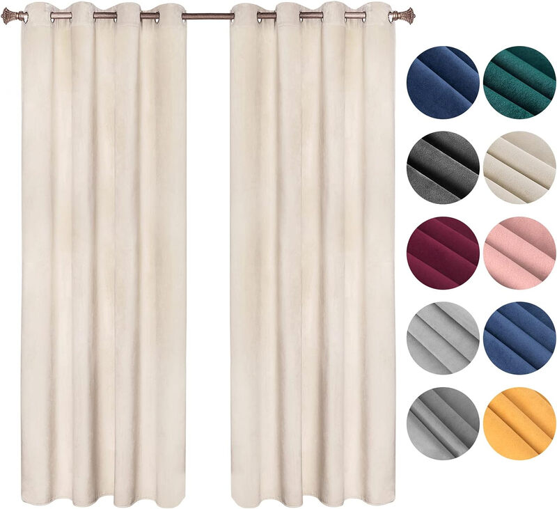 WOLTU Beige Samt Verdunkelungsvorhänge mit Ösen, Wärmeisolierende Vorhänge, 300 g/m² Schweres lichtblockierendes Fensterrollo, 140 x 225 cm, 2er-Pack