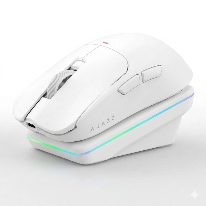 AJAZZ AJ200 AI MC Kabellose Gaming-Maus mit Ladestation, KI-Assistent, 24000 DPI PAW3311 Sensor, Tri-Mode BT/2.4G/USB-C, 63 g Leicht und ergonomisch für PC-Gaming Büro, für CS2/Valorant/Apex Legend