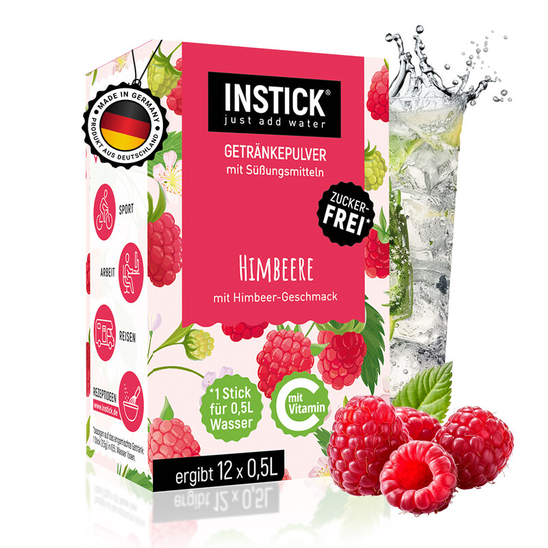 INSTICK Zuckerfreies Instant-Getränk (Himbeere) - 1 Packung für 12 x 0,5-1 L - Veganes Getränkepulver Kalorienarm & Vitamin C - Instant-Pulver