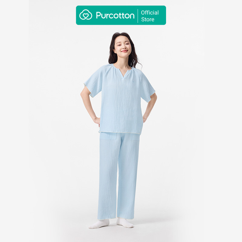 Purcotton Women's Airysoft Gauze Loungewear Set - Long Pants Style, Skin-Friendly, Restful & Casual Style - Pure Blue - Top: 160/84A; Bottom: 160/68A