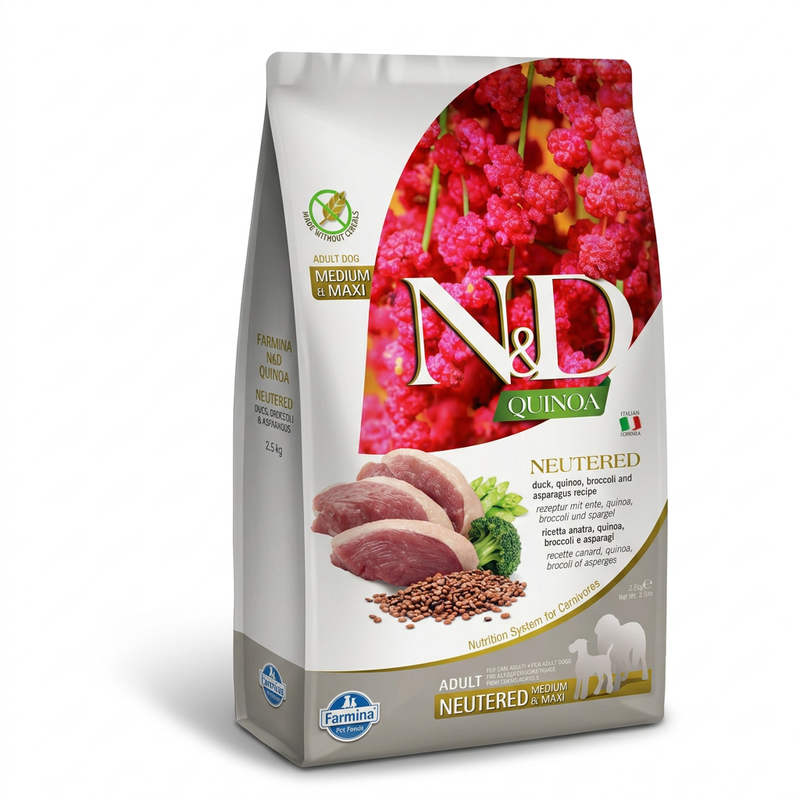 Farmina Quinoa Formula Adult Hundefutter für kastrierte Hunde, Mittelgroße und große Rassen - Ente, Brokkoli & Spargel 2,5 kg