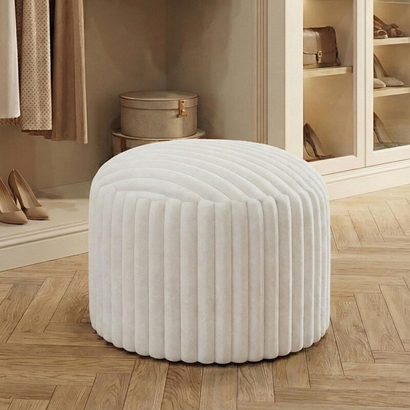 Round Footstool Bean Bag, Faux Fur Pouffe with Foam Chunk Filling, Pouf Ottoman Stuffed Round for Foot Rest, Dressing Table Stool, 38x50 cm Footstool for Couch and Living Room, White