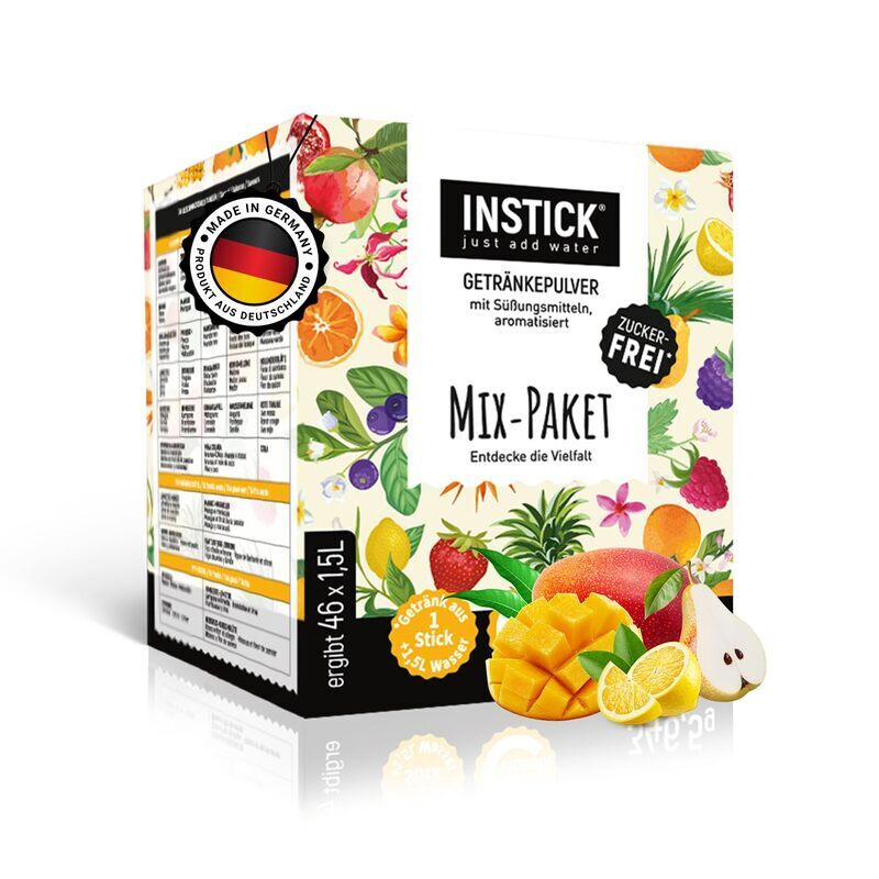 INSTICK Zuckerfreies Instant-Getränk (Mix-Paket mit 46 Sticks) - 1 Packung für 46 x 1,5-2,5 L - Veganes Getränkepulver Kalorienarm & Vitamin C - Instant-Pulver
