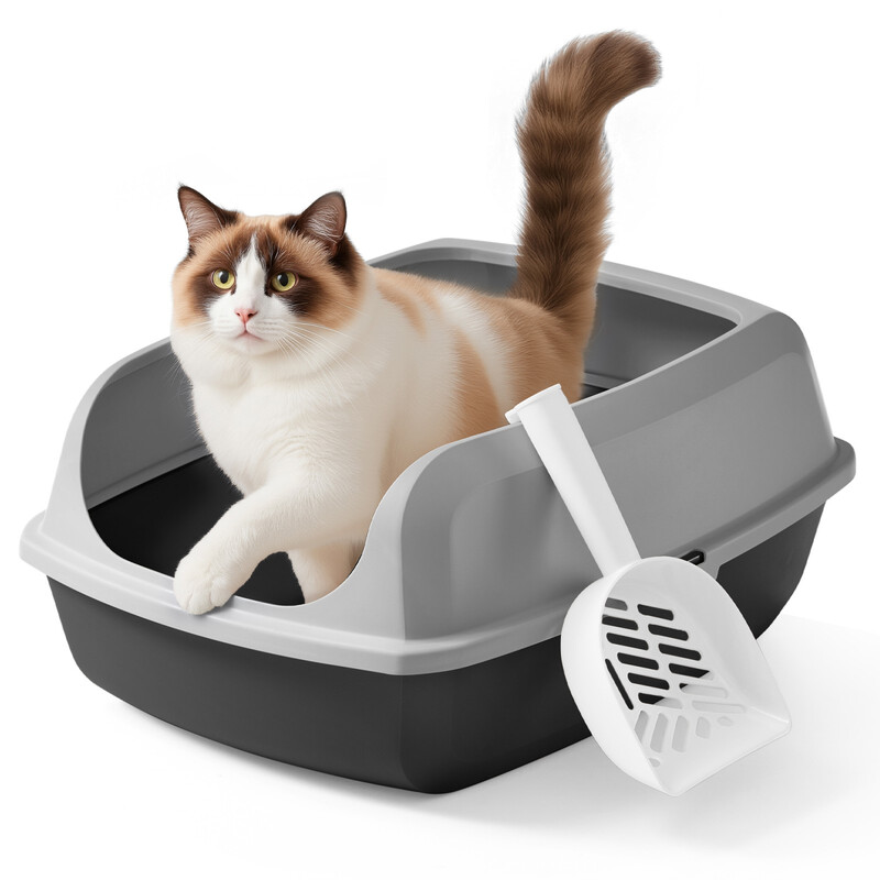 JOYFURNOS Katzenklo mit hohen Seitenwänden, XXL, offene Katzentoilette, mit Schaufel, für Kätzchen und große Katzen, grau