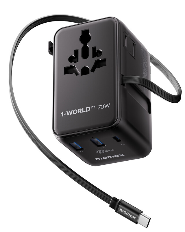 MOMAX 1-World²+ 70W GaN Universal Travel Adapter with Dual AC Outlets & Built-in Charging Cable