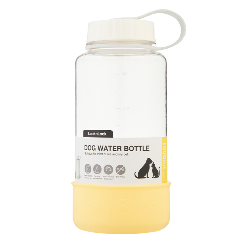LocknLock Haustier-Wasserflasche 1 L – Gelbe tragbare Hundereise-Flasche mit abnehmbarer Silikonnapf, auslaufsicher & BPA-frei, mikrowellen- & spülmaschinenfest