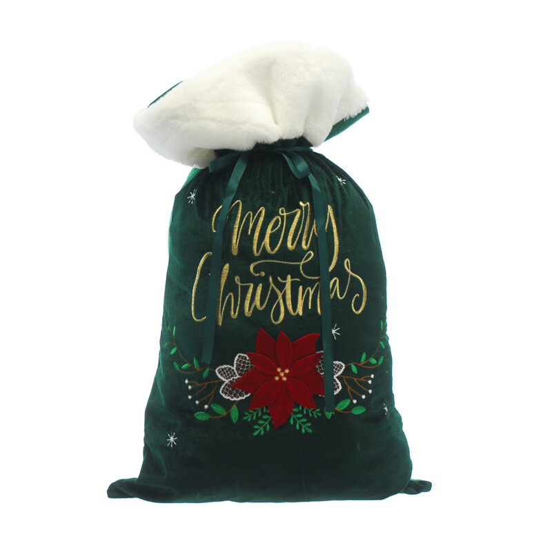 Festive 70Cm Merry Christmas Sack With Red Poinsettia
