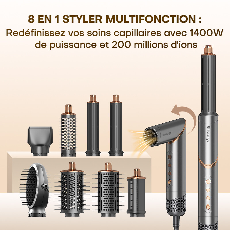 UNIORANGE M8 Sèche-cheveux multi-fonctions 8-en-1 avec accessoires, 1 400 W - Gris