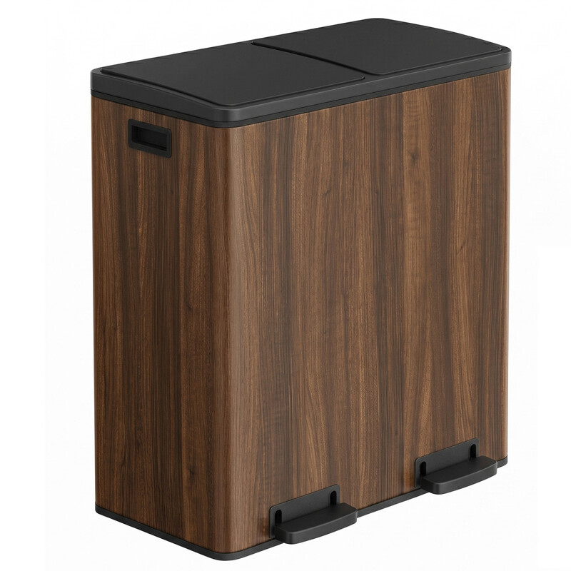 JOYFURNOS Dark Walnut Dual 30L (8 Gal Each) Recycling Bin – Metal, 2 Compartments with Foot Pedals & Soft-Close Lids, Plastic Inner Buckets, Includes 15 Liners, 58.5x32x65cm