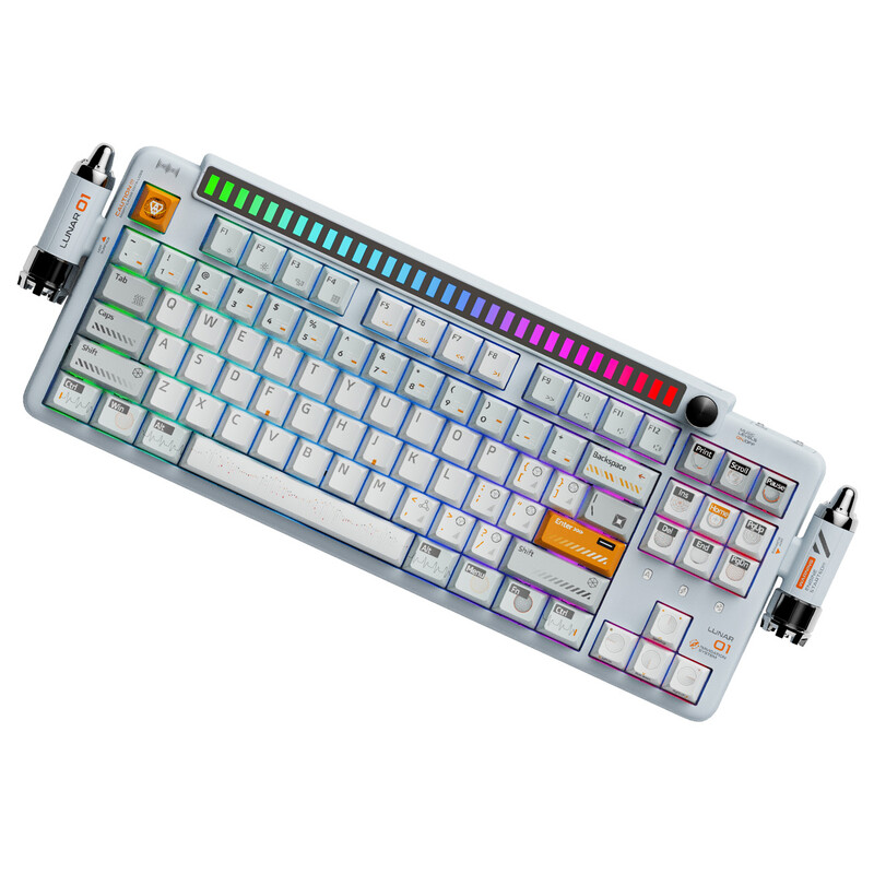 KEYSME Lunar 01 80% mechanisch toetsenbord met drie verbindingsmodi, QWERTY Amerikaanse indeling, toetsenbord met pakkingbevestiging en ritmeverlichting, schakelaars die zonder solderen verwisselbaar zijn, programmeerbare draaiknop, PBT-toetsdoppen en 400