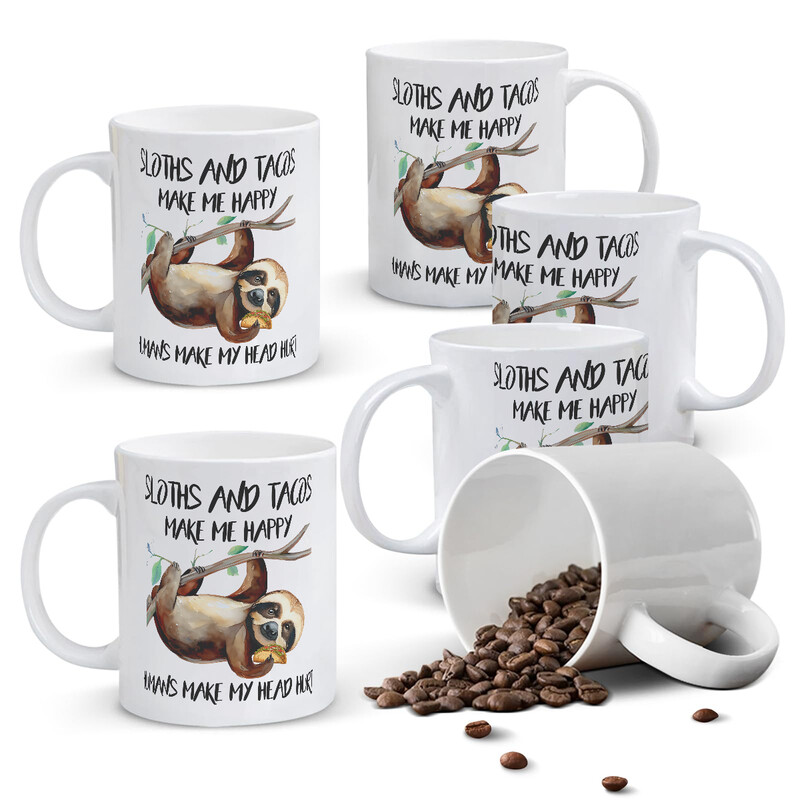 1pc 11oz White Mug with "Sloths and Tacos Make Me Happy" Contrast Quote & Hanging Slo