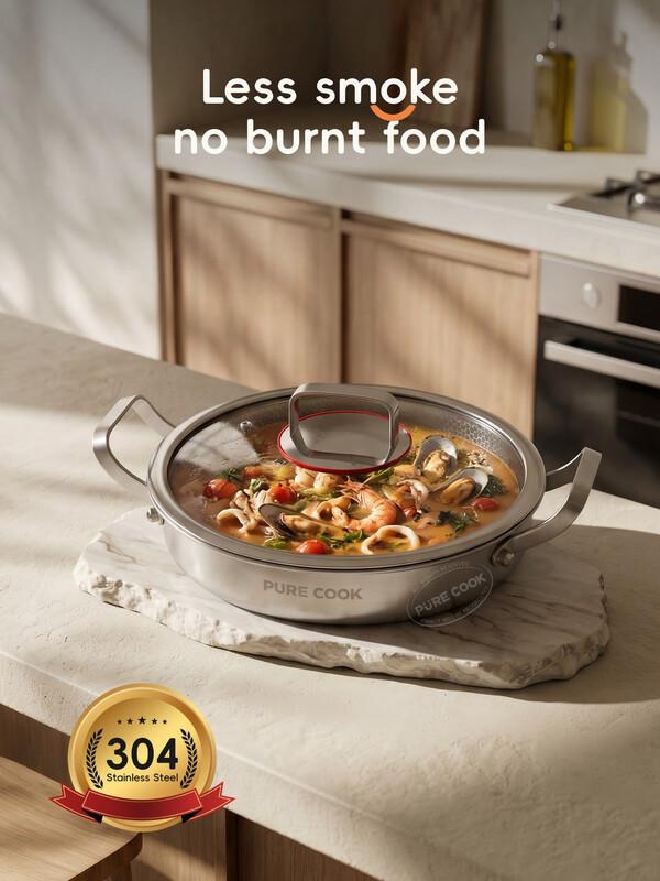 PURECOOK Hotpot-Serie | 304er Edelstahl | 26 cm Hotpot mit doppeltem Griff, Glasdeckel und voller Wabenstruktur