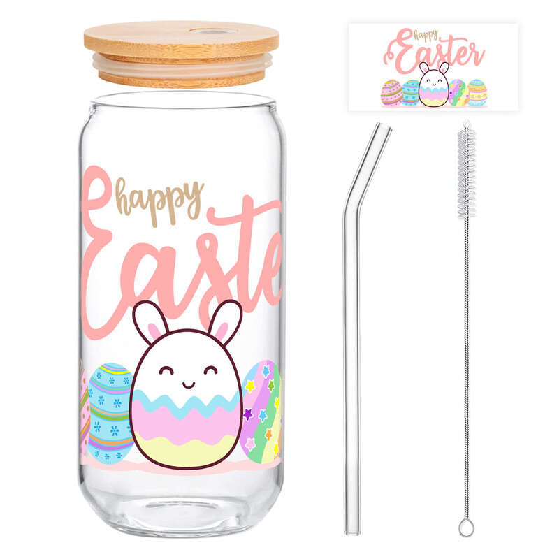 1pc Happy Easter Glass Tumbler, 500ml Clear Cup with Pink "Happy Easte" Text and Cute