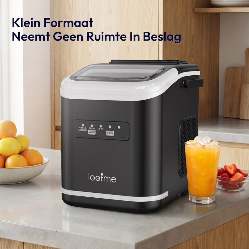LOEFME ijsmachine, kogelijsblokjes, 12/K, ijsproductiecapaciteit 12 kg/24 h, maakt 9 ijsblokjes elke 6-13 minuten, twee ijsblokjesformaten S/L, automatische reinigingsfunctie, 1,4 L watertank, zwart, Europese standaard.