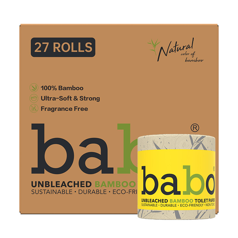 BABO 6D zweiseitig geprägtes Bambus-Toilettenpapier EU-Norm, 4 Lagen 150g/Rolle, 27 Rollen/Karton, ohne Bleiche & Fluoreszenz, fusselfrei, doppelte Umweltzertifizierung, Großvorrat für Haushalt
