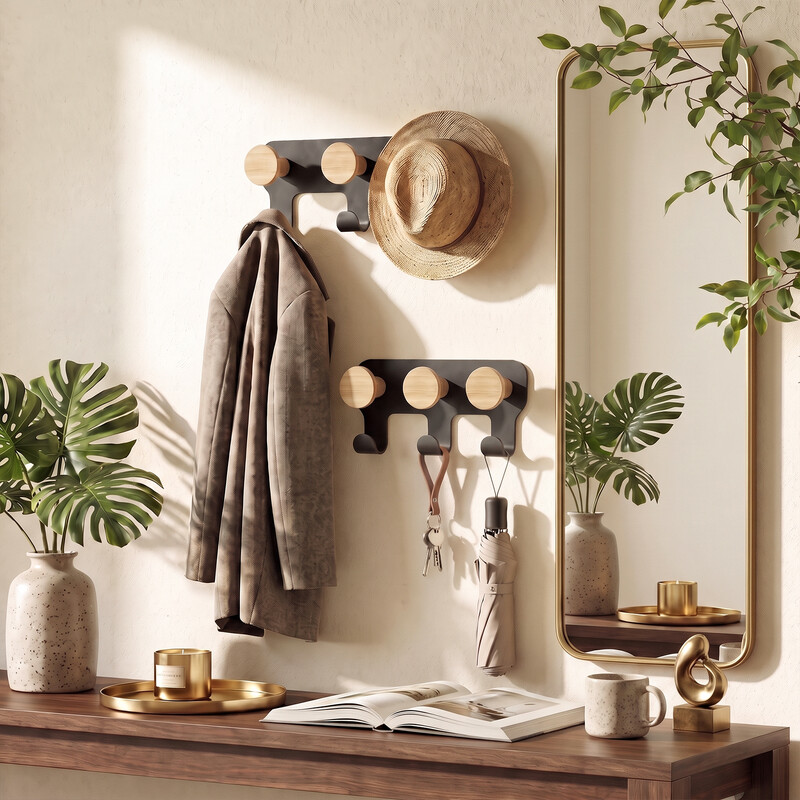 kapanou Dual Coat Hooks Wall Mounted 2 Pack 6 Hooks, Vintage Brown Rubberwood Coat Rack with Sturdy Black Metal Hanger for Jackets, Towels or Hats, Decorative Hooks for Bathroom, Bedroom, Entryway, New Year Sale, Top Gift Picks