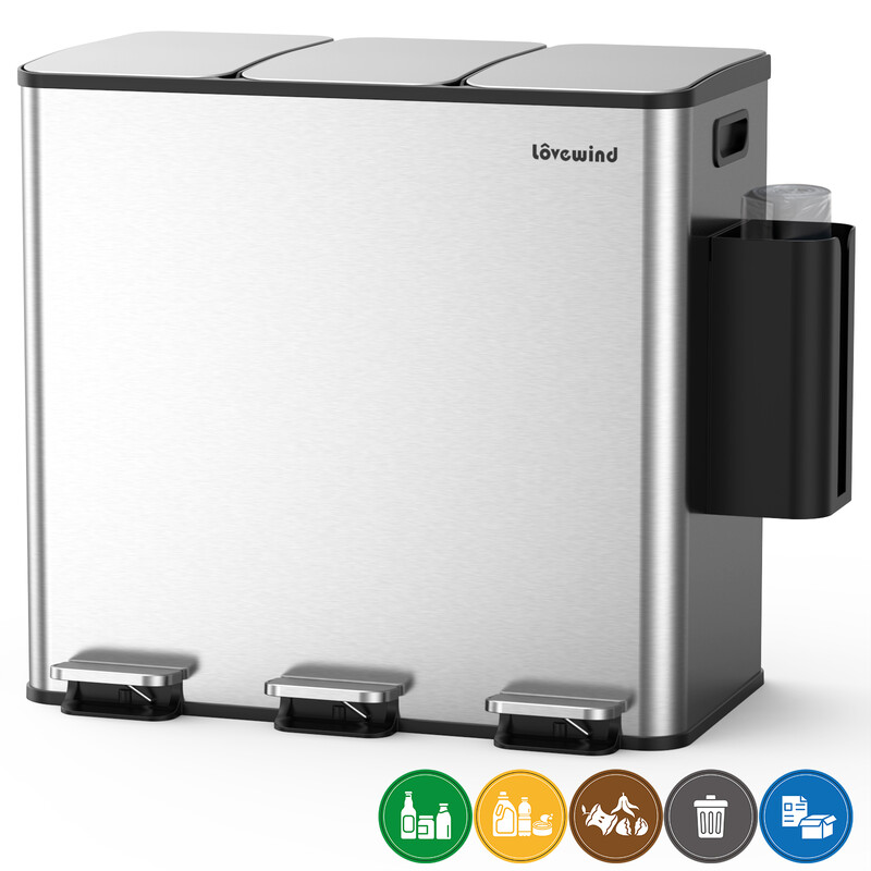 Keukenprullenbak, 60 L (3 x 20 L) roestvrijstalen afval- en recyclingbak combinatie met soft-close deksel, dubbele compartiment recycling keuken pedaalemmer, zilver