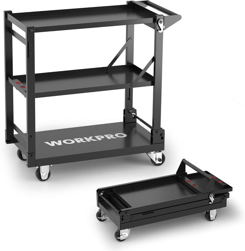 WORKPRO 3-in-1 faltbarer Stahl-Servicewagen | 135 kg Tragkraft, Premium-Stahl, robuste Rollen, vielseitiger Wagen mit mehreren Ablagen