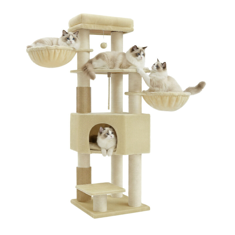 JOYFURNOS krabpaal voor grote katten, stevige kattentoren met zelfverwarmende kussens, 2 zelfborstels, 9 krabstammen, groot ligplatform, hol, manden, 50 x 50 x 160 cm, zandbeige en beige