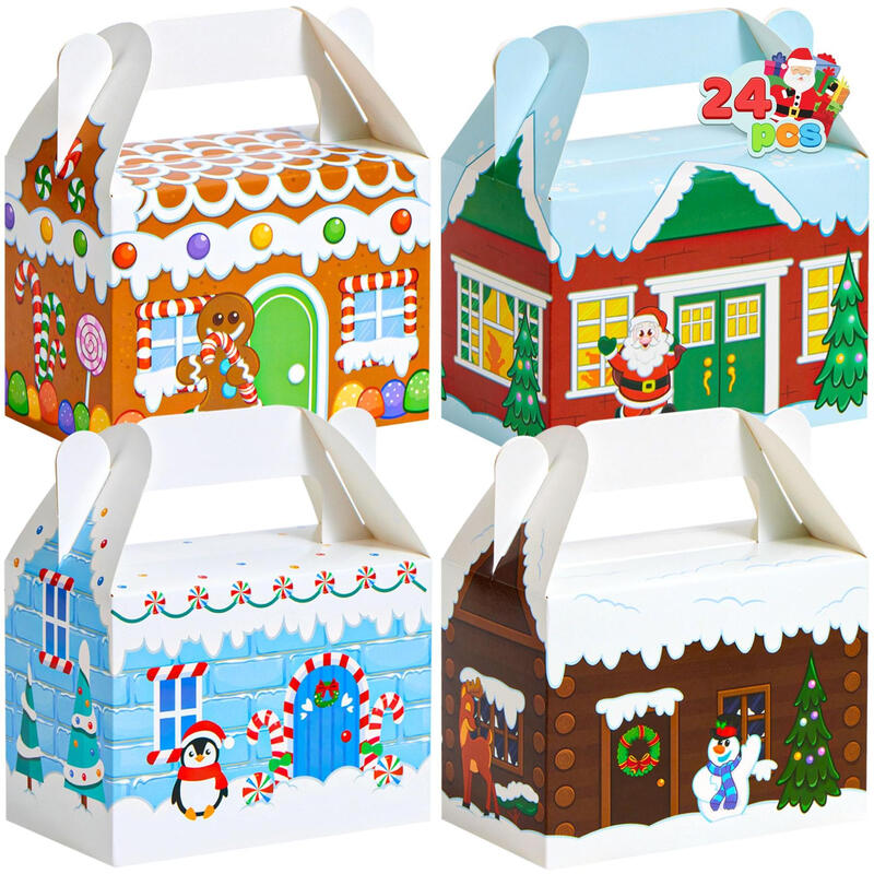 JOYIN 24 stuks 3D kersthuis kartonnen traktatieboxen voor feestdagen kerst cadeautjes, papieren traktatieboxen, school klaslokaal feest favorieten benodigdheden, kartonnen koekjesdozen voor snoep traktaties