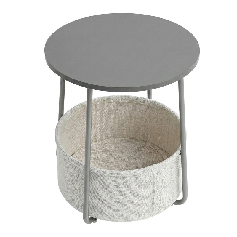 JOYFURNOS Runder Tisch, Beistelltisch, Couchtisch, Wohnzimmertisch, mit Stoffkorb, Nachttisch, grau