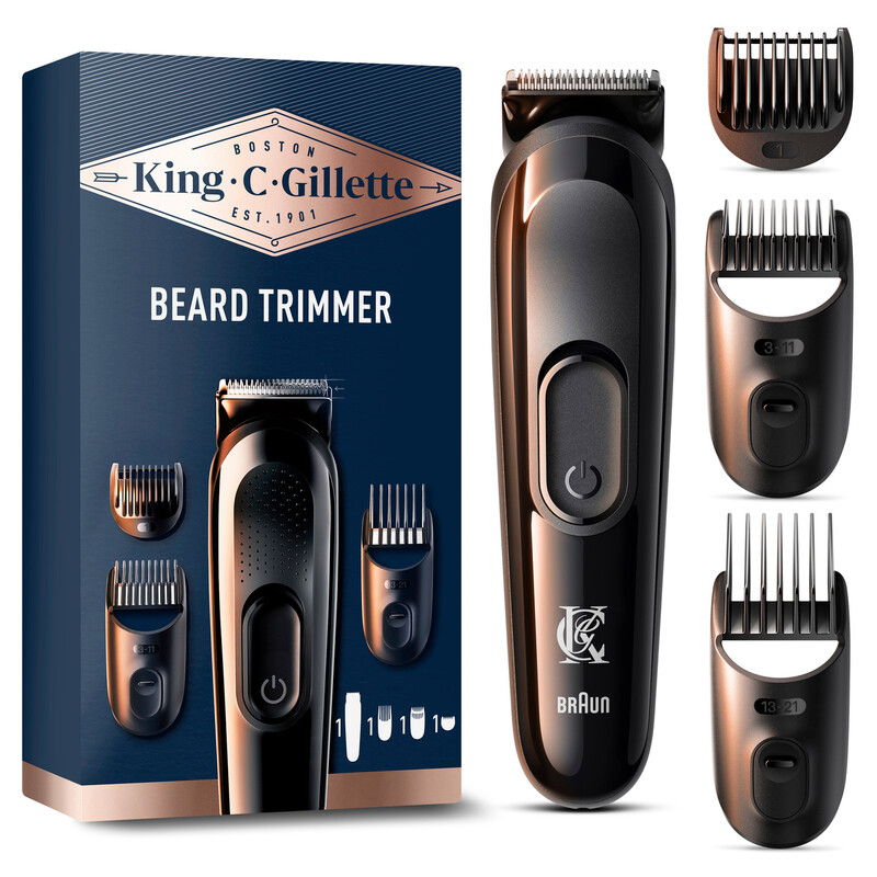 King C. Gillette elektrischer Barttrimmer für Männer, inklusive 5 Kämmen, Aufsatz, Reinigungsbürste & Ladestation.