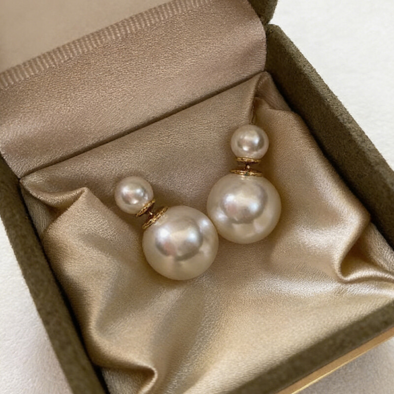 Australian White - Classic Double Pearl Earrings (Back and Front, Two-Way Wear), Stud