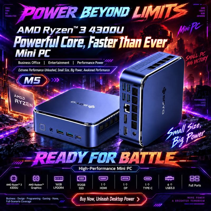 SOYO M5 Mini PC AMD Ryzen 4300U Win11 (4C/4T, bis zu 3,7 GHz) 16 GB LPDDR4/512 GB SSD, Desktop PC 4K 60 Hz Triple Display (HDMI 2.0+Type-C+DP