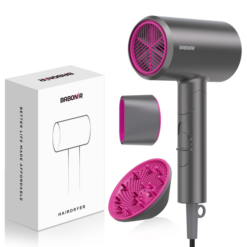 BABONIR FZ201 opvouwbare ionische haardroger 1800 W met diffuser en concentrator, sneldrogend, lichtgewicht en draagbaar ontwerp, grijs