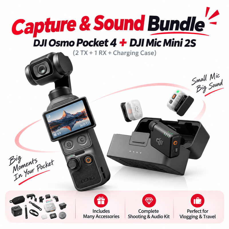 【Black Friday Early Deals】Capture & Sound Bundle – DJI Osmo Pocket 4 + DJI Mic Mini 2S (2 TX + 1 RX + Charging Case)