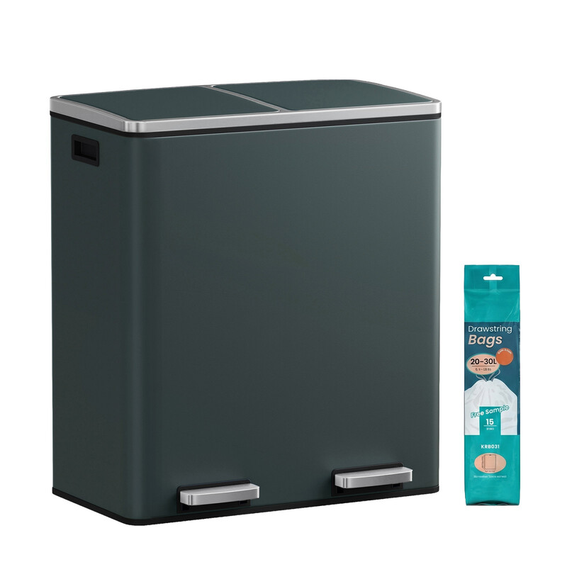 JOYFURNOS Poubelle de cuisine 2 compartiments, Poubelle double 2 x 30 L avec couvercles, Pédales, Seaux intérieurs en plastique, Fermeture amortie, Gris verdâtre
