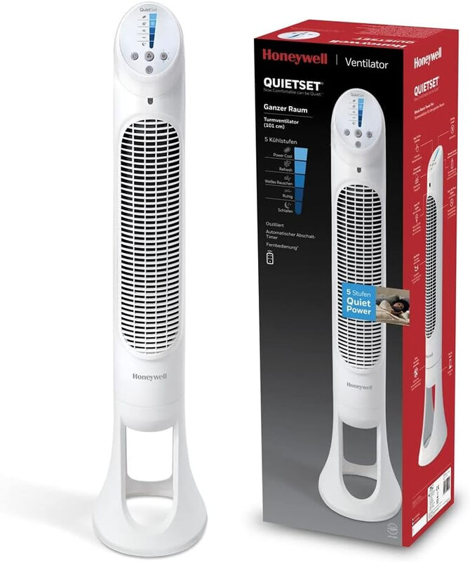 Honeywell QuietSet Oszillierender Turmventilator für den ganzen Raum (5 Geschwindigkeitseinstellungen, Oszillation 80°, Timer-Funktion, Auto-AUS