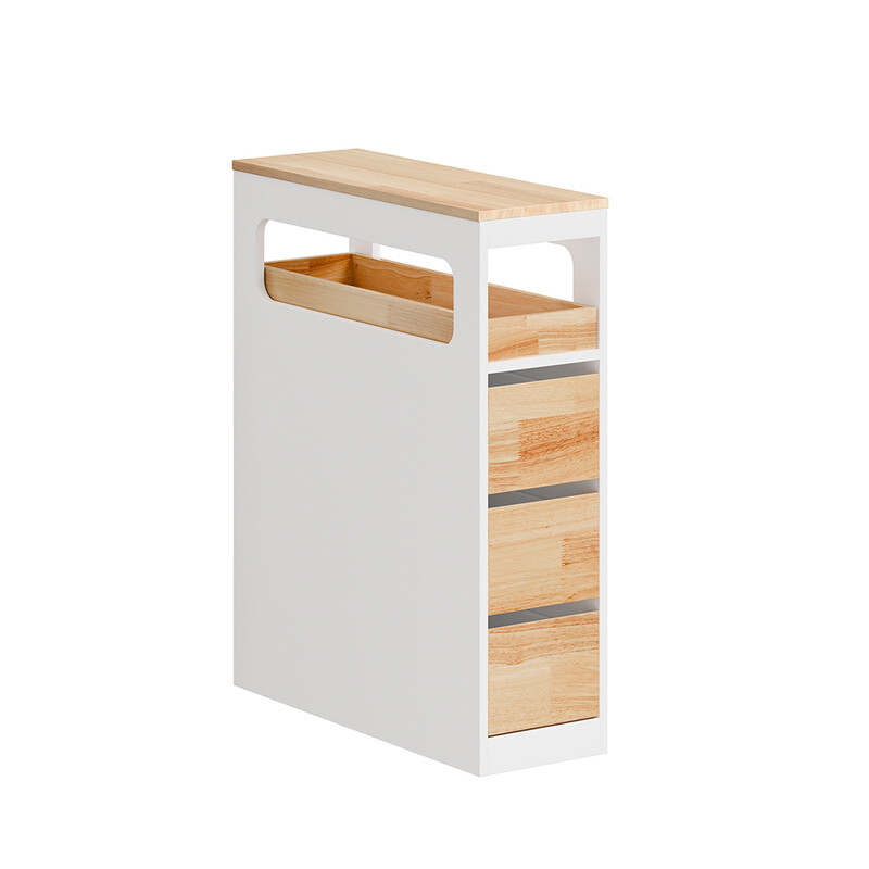 SoBuy schmaler Badezimmerschrank mit Rollen, 3 Schubladen – schmale, freistehende Badezimmeraufbewahrungseinheit aus Holz, Weiß+Natur, 65x23x82 cm