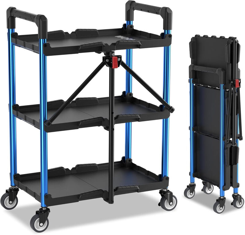 3-Tier Collapsible Service Cart, 96 kg Folding Cart with Wheels, Portable Tool Trolle