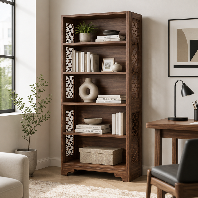 LANTINE Bücherregal, 180 cm hohes Vintage-Standregal, Bücherregal mit 6 Ebenen, Holz-Bücherregal, mit offenen Präsentationsregalen, für Wohnzimmer, Home-Office, Industriedesign, Vintage-Braun