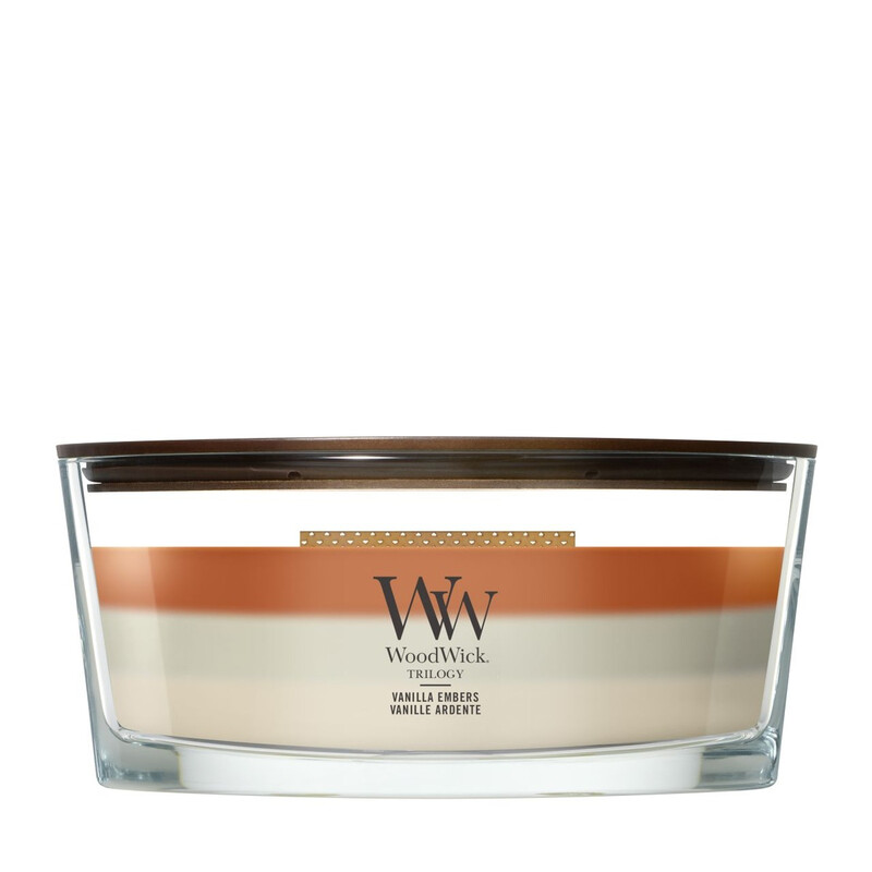 Yankee Candle Duftkerze: Vanilla Embers Tri Ellipse von WoodWick mit langer Brenndauer für ein gemütliches Zuhause.