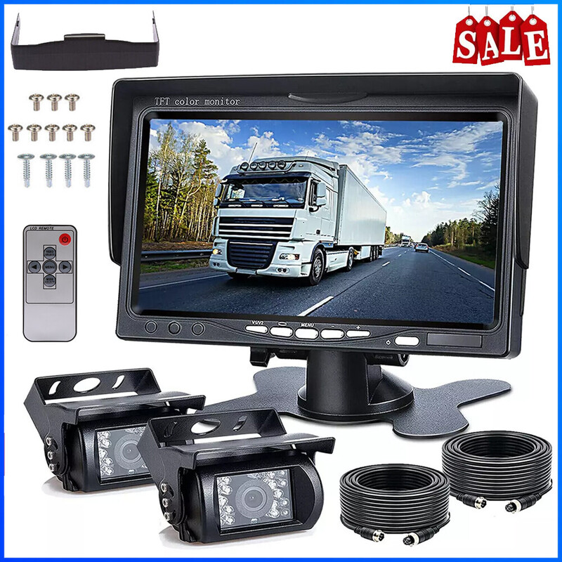 Dual Reversing Camera Kit with 7" LCD Monitor for Truck Bus Van Caravan RV, 12V/24V W