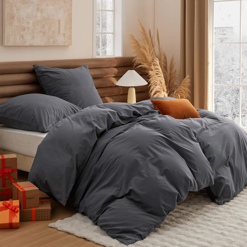 Bettwäsche 135x200 90% Baumwolle 4teilig - Bettwäsche-Sets Anthrazit Bettbezug 2er Set mit 2 Kissenbezüge 80x80 cm, Ähnliche Textur wie Washed Leinen, Oeko-TEX Bedding Grau mit Reißverschluss