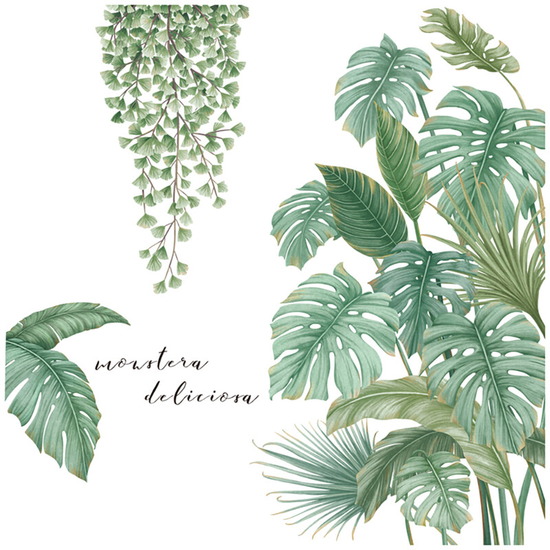 Green Tropical Assorted Leaves Decals Removable PVC Wall Stickers - Living Room Bedro
