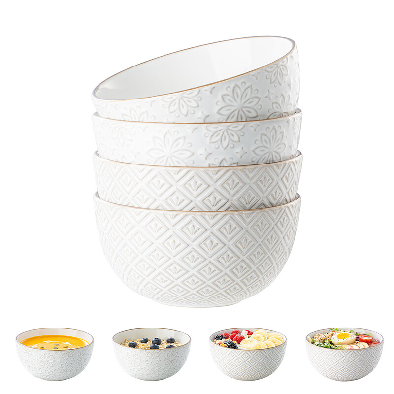 DAFUCERAMIC Cerealenschalen, 29 oz, Keramik-Suppenschale für die Küche, Steinzeug-Schale mit Reliefstruktur für Pho, Chips, Obst, Salat, Nudeln, Ramen, 6 Zoll, 4er-Set, arktisches Weiß