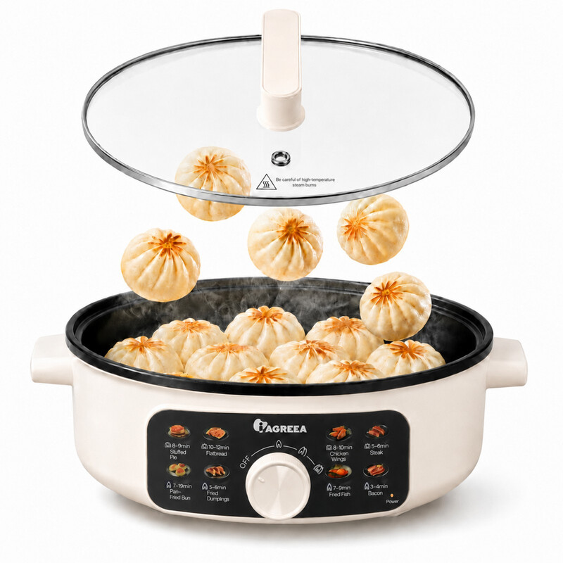 IAGREEA Multifunktionaler elektrischer Hot Pot 3,5 L große Kapazität 1500 W schnelles Aufheizen antihaftbeschichtete elektrische Pfanne mit 3 einstellbaren Heizstufen, 8 Kochvoreinstellungen, 60 mm tiefer Topf zum Braten, Dampfgaren, Hot Pot, Steak, Teigtaschen, Familienkochtopf für 2-6 Personen. MC-JKE3062