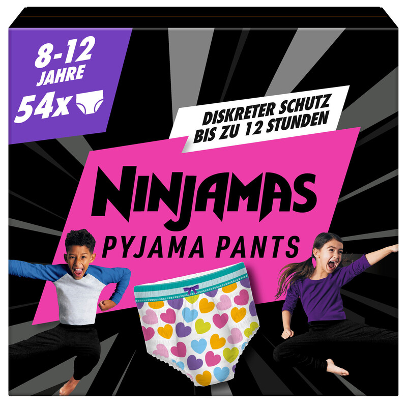 Pampers Schlafanzugshosen: Ninjamas absorbierende Bettnässer-Windelhöschen in Herz-Optik, Größe 27-43 kg (8 Jahre) mit Auslaufschutz.