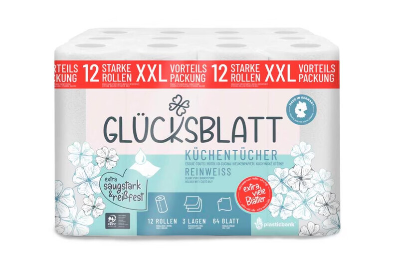 Glücksblatt Küchentücher, Weiß, 12 Rollen x 64 Blatt, 3-lagig