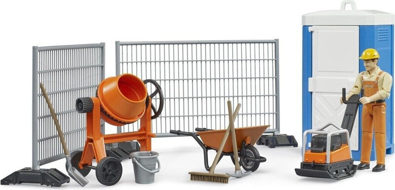 bruder 62008 - Bworld Baustellenset mit Bauarbeiter, Rüttelplatte, Mischmaschine, WC, Baustellenzaun - Zubehör Baustelle, Straßenbau, Baufahrzeuge