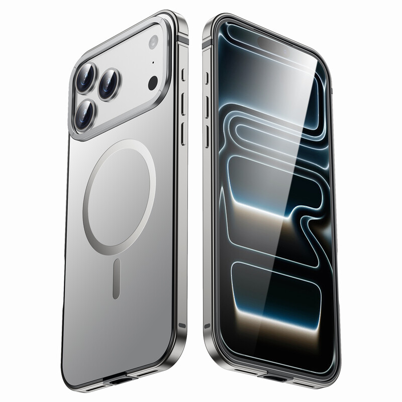 IM-CHEN iPhone 17 Pro Max Case, Met frame van legering, Originele kleur, MagSafe-magnetische versie, zilver, 1 stuk