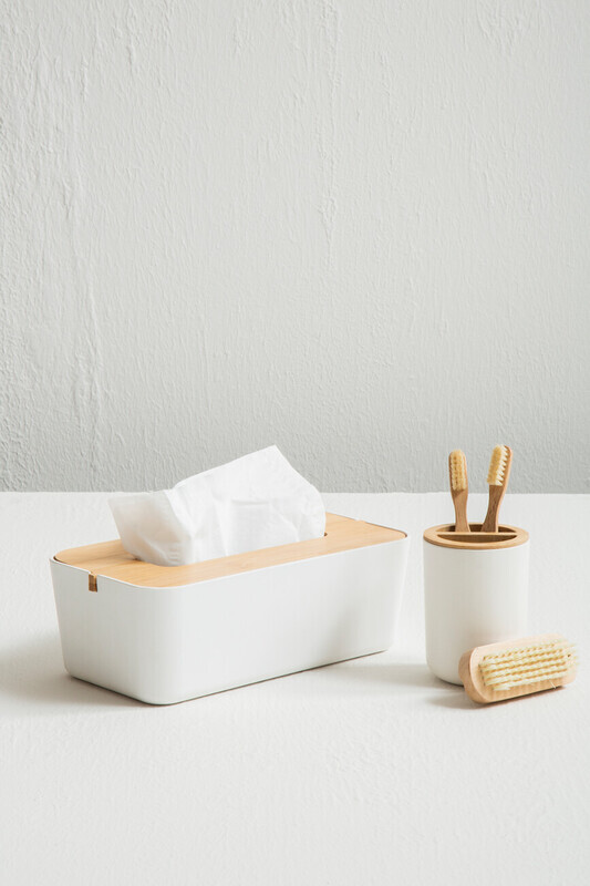 Maison By Premier White Ceramic Toothbrush Holder, Bamboo Accent Cylindrical Holder For Storage, Porcelain Toothbrush Stand