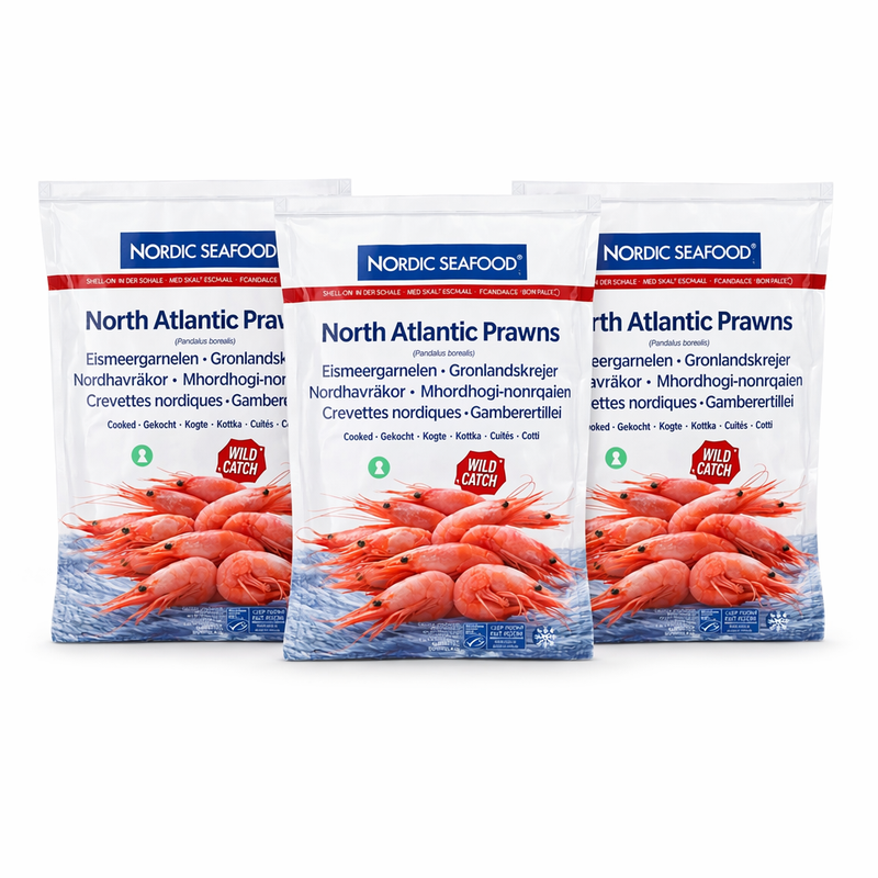 Nordic Seafood MSC Noord-Atlantische Garnalen met Schaal Gekookt Pandalus (netto 800 g) – 3 x 1 kg