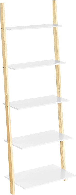 VASAGLE Leiterregal 5-stufiges Bücherregal Wohnzimmer Küche Büro Massivholzrahmen Einfache Montage Anlehnbar an Wand Matt Weiß Natur